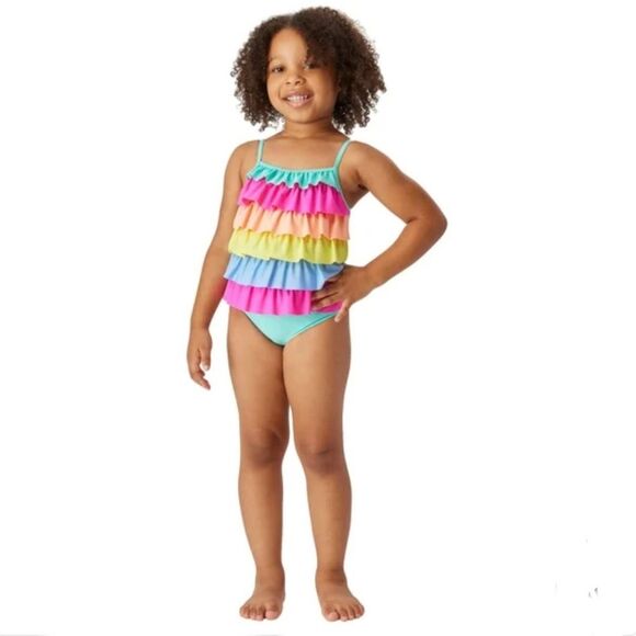 Flapdoodles 2T Rainbow Ruffle 2-piece Swim Set UPF Swimsuit + Coverup Dress NWT - Picture 4 of 8